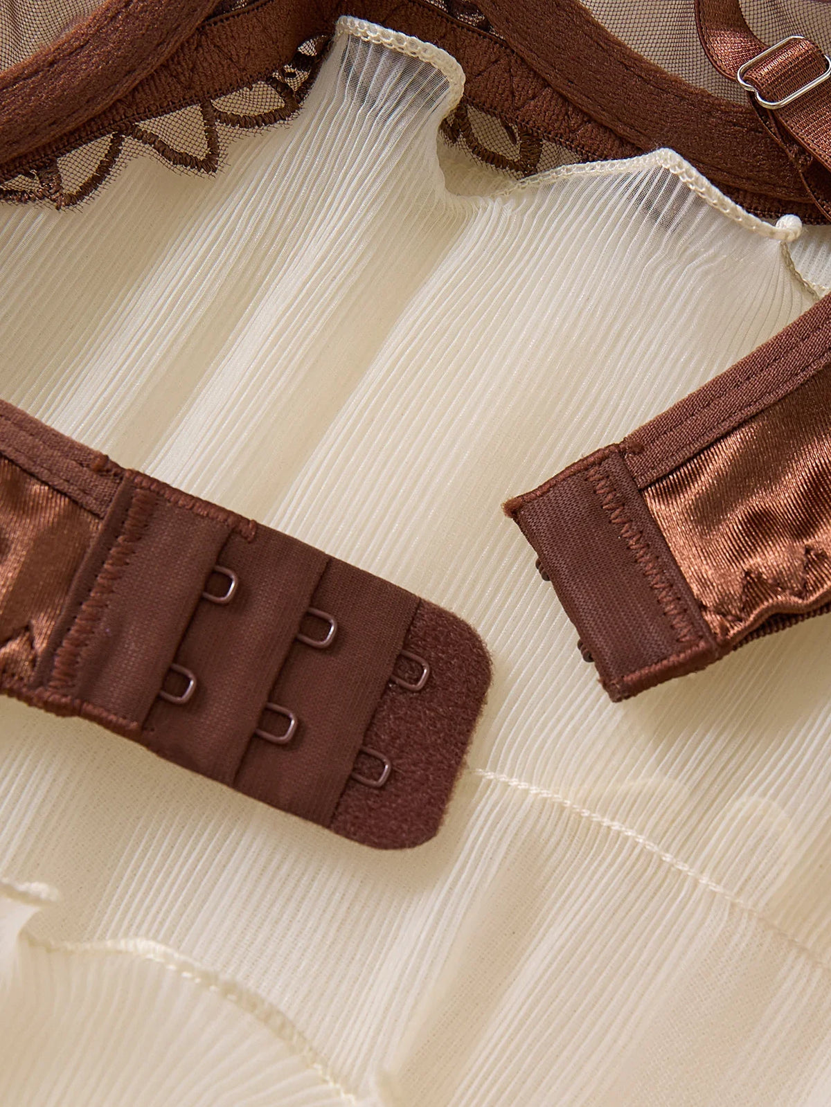 Coffee Brown Floral Embroidery Satin Mesh Lingerie Set Underwire Bra With Matching Thong Women Sexy Intimates ZA825126