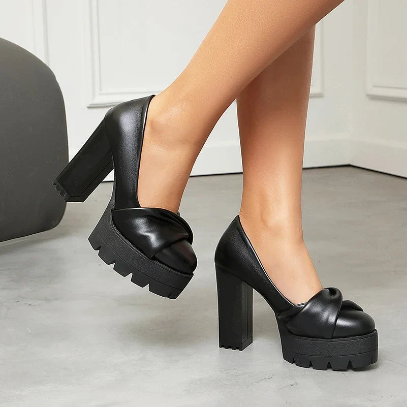Plus Size Cross Soft PU Upper Platform Ultra Coarse Heel Shallow Breathable High Heels Office Women&