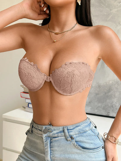 Half Cup Lace Women Strapless Bra Stylish Push Up Underwire Bra Comfortable Front Closure Daily Women&