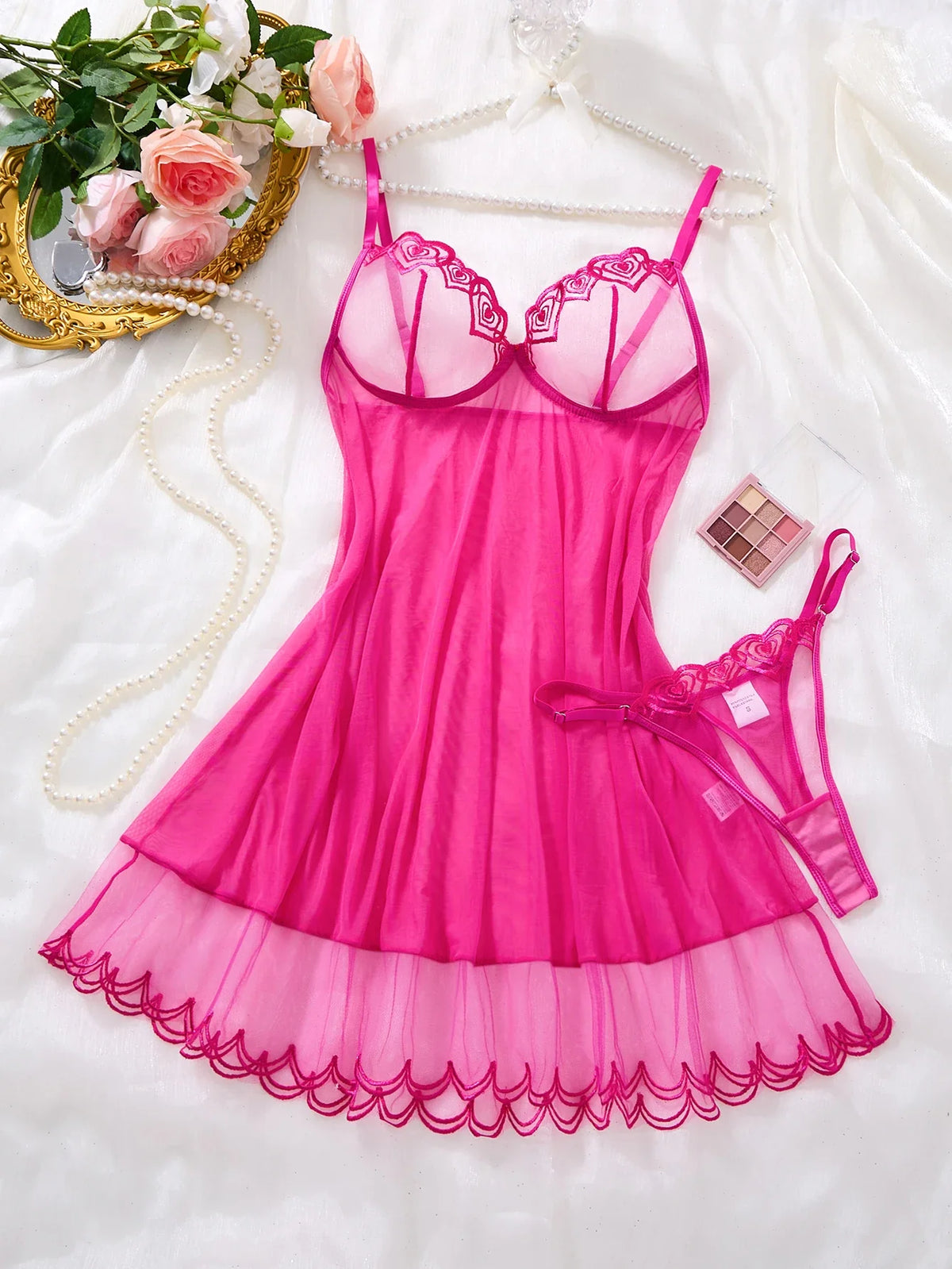 Hot Pink Scalloped Lace Mesh Babydoll Lingerie Set Underwire Nightgown With Matching Thong Women Sleepwear ZA825181