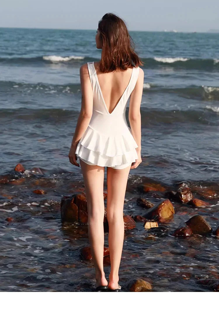 New One-piece Solid Color Swimsuit with Exposed Back and Sexy Suspender for Slimming Beach Hot Spring and Beach Women&