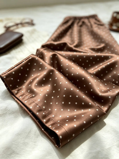 Women Satin Pajama Pants Polka Dot Elastic Waist Loose Long Sleep Bottoms Casual Loungewear Trousers For Home Wear