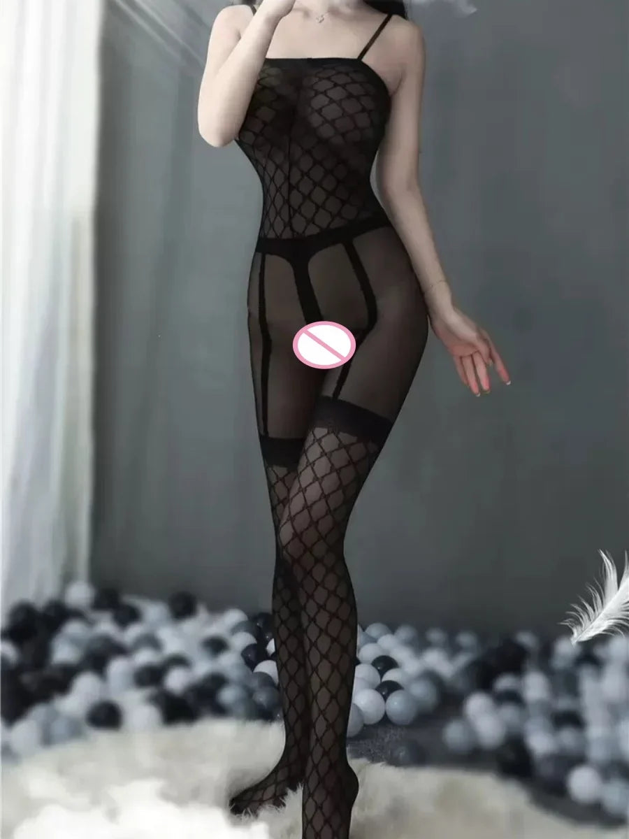 Sexy Lingerie Jumpsuit, Open Crotch Exposed Breast Bra Mesh Suit, Women&