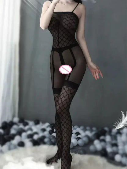 Sexy Lingerie Jumpsuit, Open Crotch Exposed Breast Bra Mesh Suit, Women&