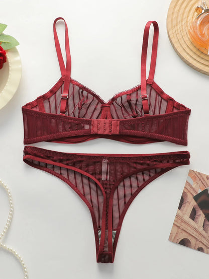 Fashion Stripes Style Lace Lingerie Set Ultra-Thin Red Lace Bra &amp; Thong Sexy Ultra-Thin Underwear Set Ideal Gift for Her MR2864