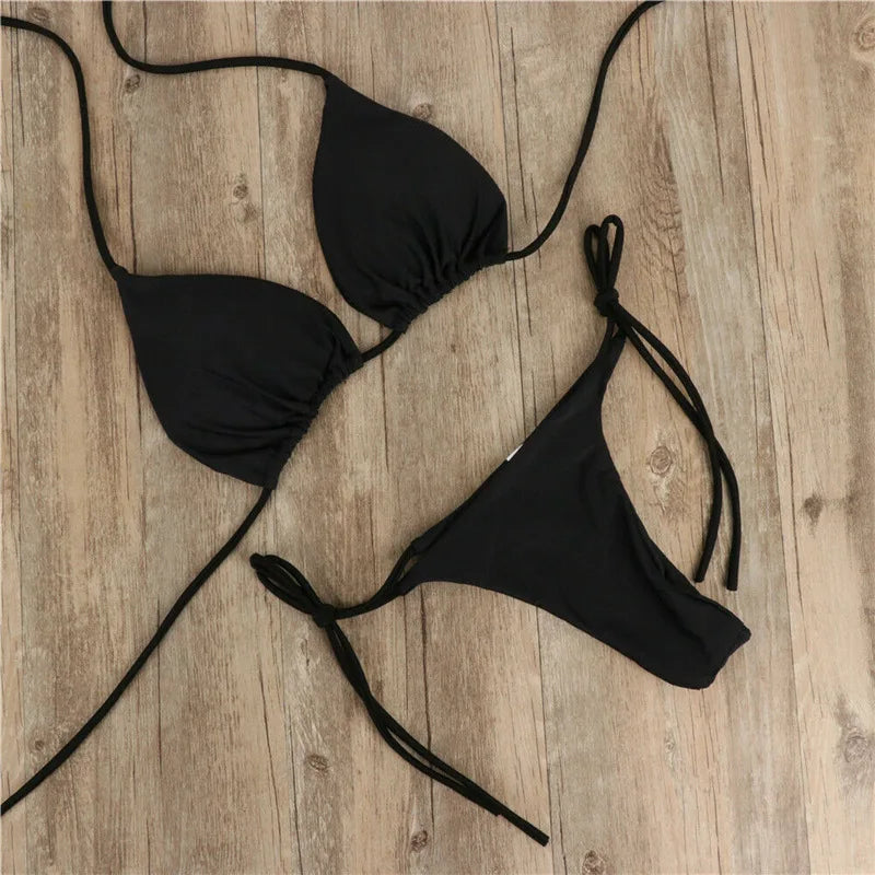2025 Sexy Halter Solid Color Bikini Set Women&