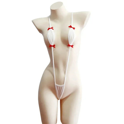 Japanese Sexy Bikini Set Lingerie Women Three-Point Jumpsuit Hollow Tight V-neck Swimwear Ultrathin Hollow See Through Bodysuit
