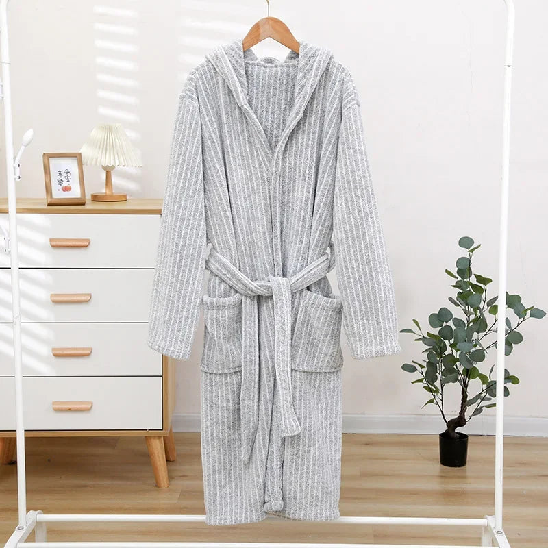1pcs Unisex Autumn Stripe Bathrobe Hooded Kimono Bath Robe Night Cozy Sleepwear Women Dressing Gown Home Clothes 2025 New