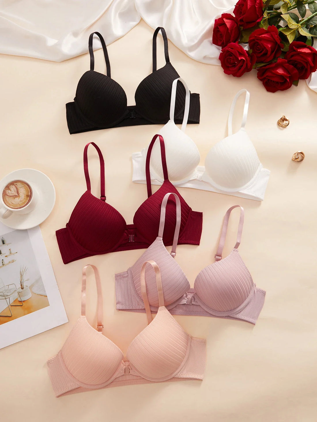 1 3 5Pcs Pure and Simple Everyday Solid Bra Push up Sexy Bras Ribbed Fabric with Unlined Sweet Women&