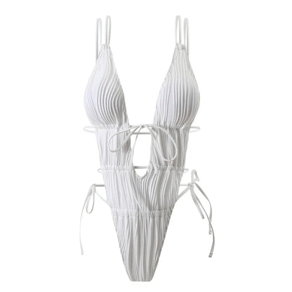 Sexy Backless One Piece Swimsuit Woman 2026 String Texture Swimwear Hollow Out Monokini High Cut Bathing Suit Deep V Neck Bather