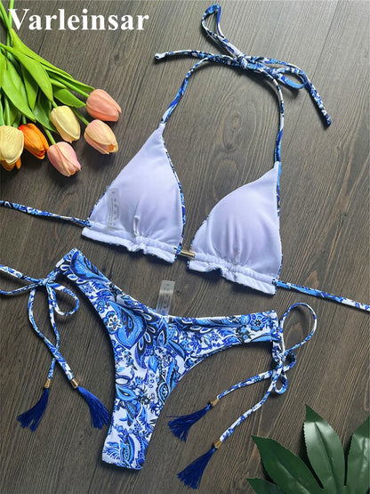 Sexy Flowers Printed Halter Brazilian Bikini Female Swimsuit Women Swimwear Two-Pieces Bikini Set Bather Bathing Suit Swim V6070