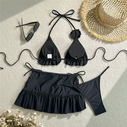 Solid White 3D Flower 3 Piece Bikini Set Skirts Mini Skirts Cover Ups Sexy Swimsuit Women 2025 Swimsuit Beachwear Thong Bikini