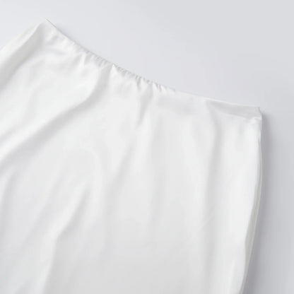 Women Solid Color Satin Long Skirs Elegant Low Waist Lace Patchwork Flowy Summer Skirt for Casual