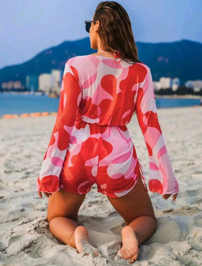 2024 New Swimsuit 3 Pcs Set Thong Bikini with Rompers Womens Jumpsuit Beach Wear Print Swimwear Sexy Bathing Suit Pool Beachwear