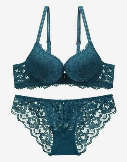 Hollow Lace Floral Sexy lingerie set Bow Padded Push Up women&