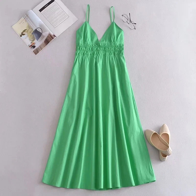 Foridol Elastic Smocking Green Cotton V Neck Summer Women&