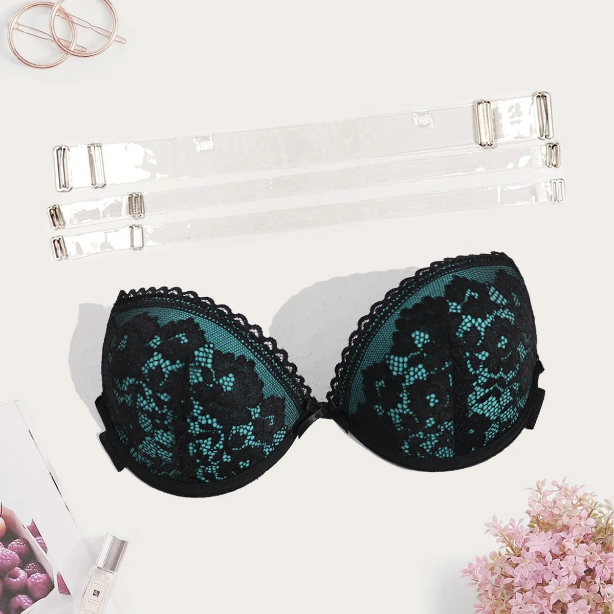 BEAUWEAR Backless Bra with Transparent Straps Thick Pad Push Up Bra with Wire Contrast Color Lace Underwear B C Cup