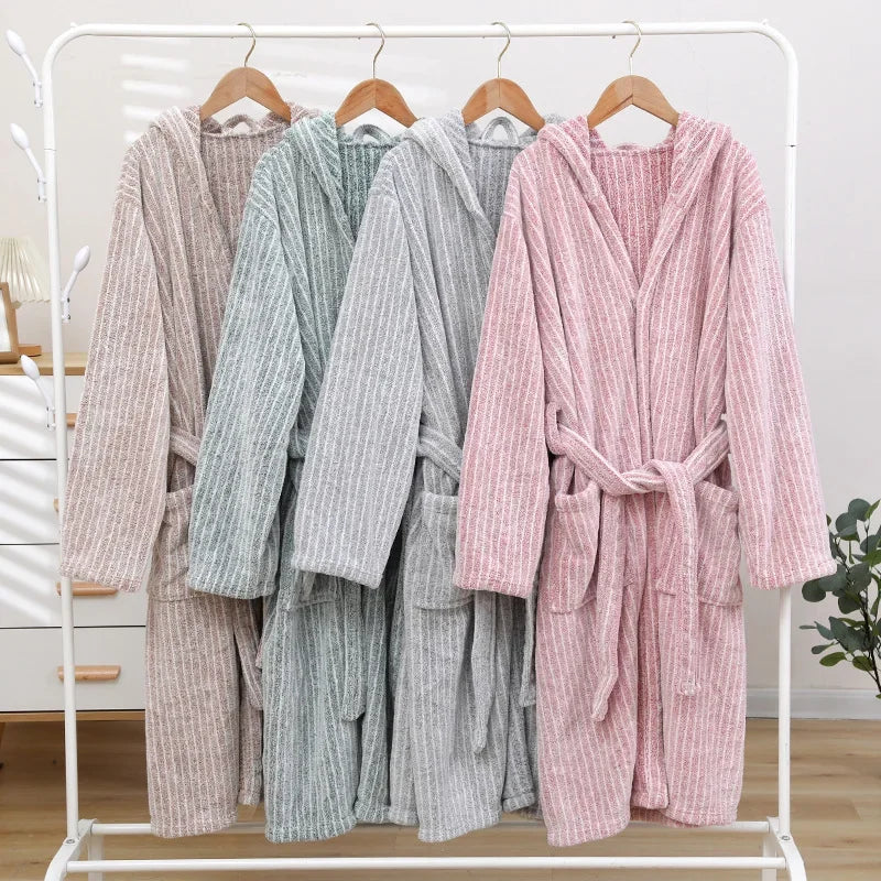 1pcs Unisex Autumn Stripe Bathrobe Hooded Kimono Bath Robe Night Cozy Sleepwear Women Dressing Gown Home Clothes 2025 New