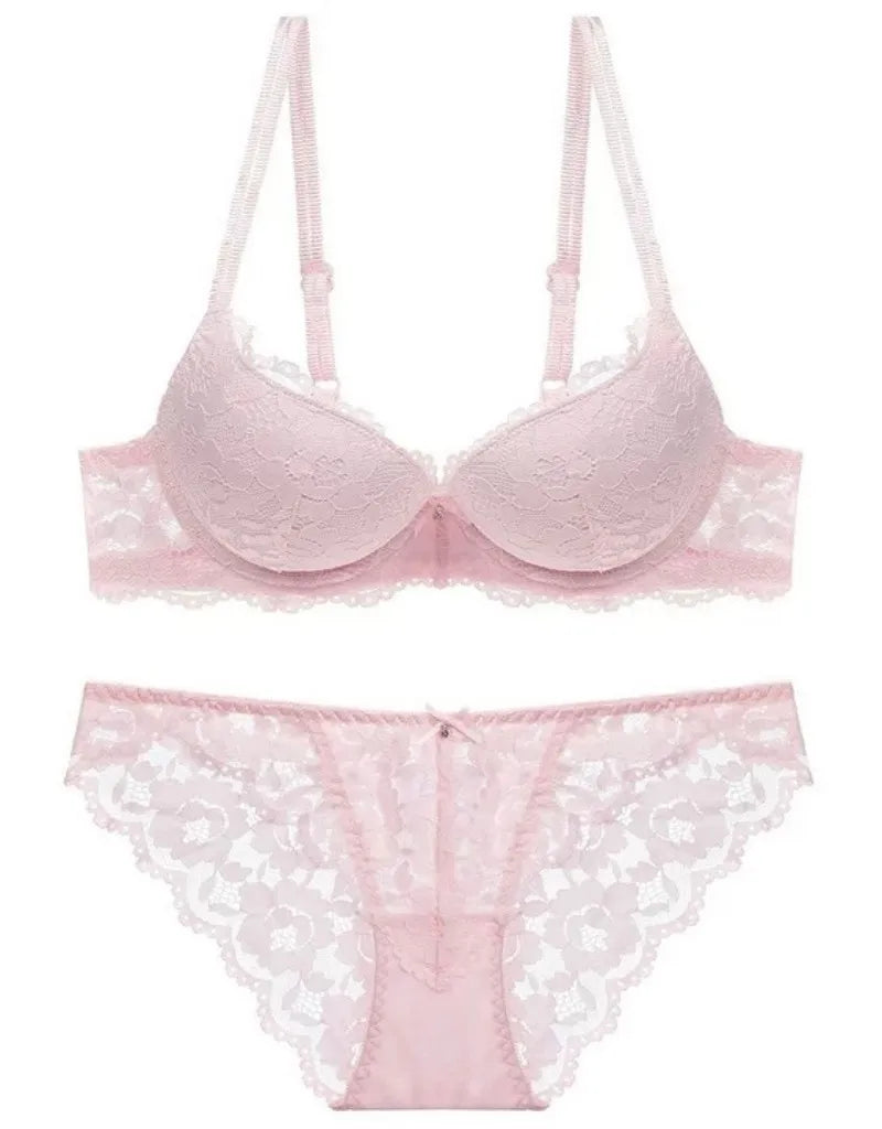 Hollow Lace Floral Sexy lingerie set Bow Padded Push Up women&