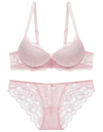 Hollow Lace Floral Sexy lingerie set Bow Padded Push Up women&