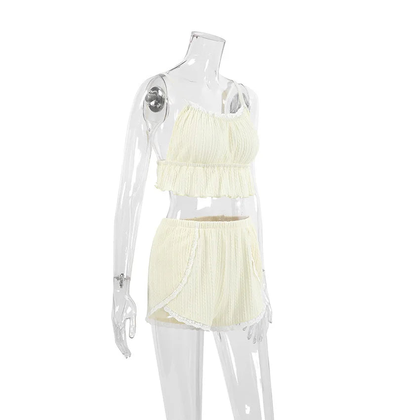 Lace Trim Ruffle Hem U-Neck Strap Cable Textured Cami &amp; Casual Shorts Loungewear Summer Pajamas Set Women Sleepwear