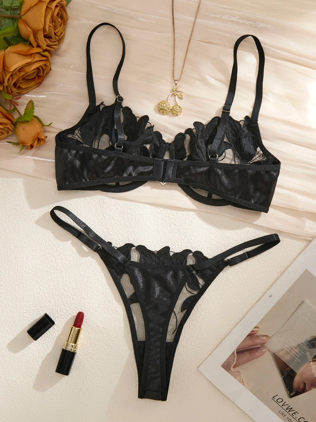 Black Lily Embroidered Bra Set - Satin Edged Transparent Mesh Adjustable Shoulder Strap Sexy Thong Set ZA824031