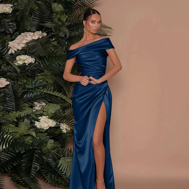 Elegant Satin Solid Color Off-Shoulder Women&