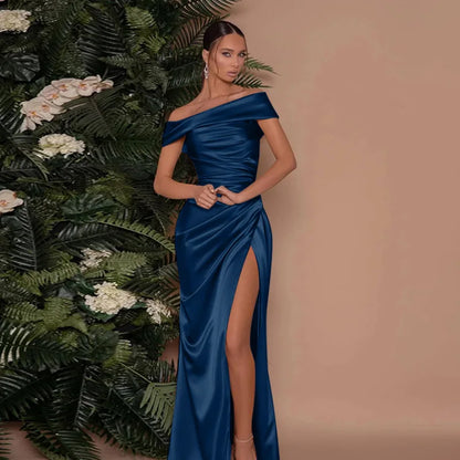 Elegant Satin Solid Color Off-Shoulder Women&