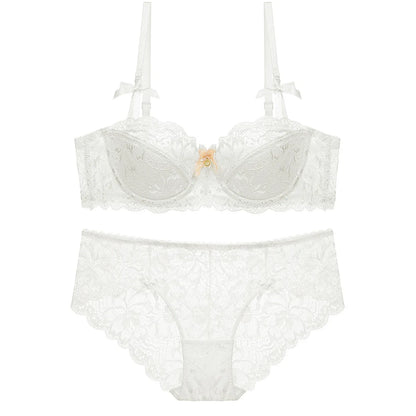French Lace Thin Cup Underwear Set Sexy Women 1/2 Cup Push Up Bra Set Fashion Embroidery Lingerie Plus Size Breathable Brassiere