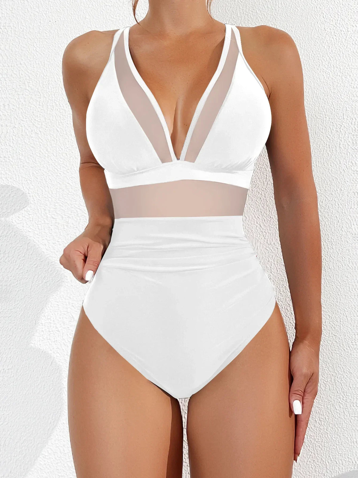 Solid Color One Piece Bikini for Women,sexy Deep-V Neck Suspender Backless Swimsuit,high Waist Translucent Striped Mesh Swimwear