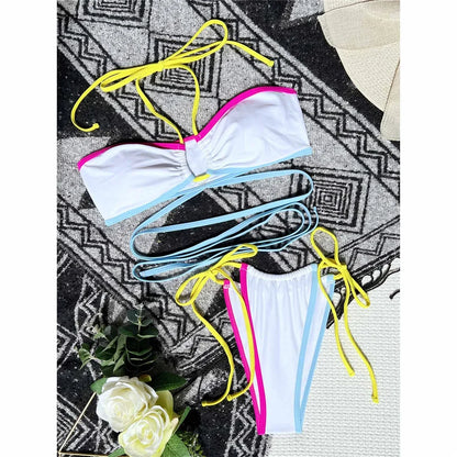 Splicing Wrap Around Bandage Halter Bikini Female Swimsuit Women Swimwear Two-Pieces Bikini Set Bather Bathing Suit Swim V3882