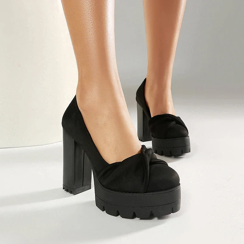 Plus Size Cross Soft PU Upper Platform Ultra Coarse Heel Shallow Breathable High Heels Office Women&
