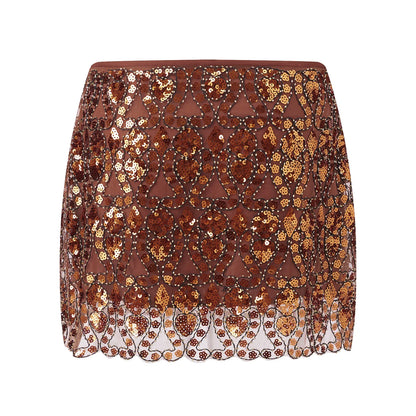 Womens Summer Sequined Mini Skirt Slim Fit Stylish Beaded Geometric Pattern Low Rise Short Skirts