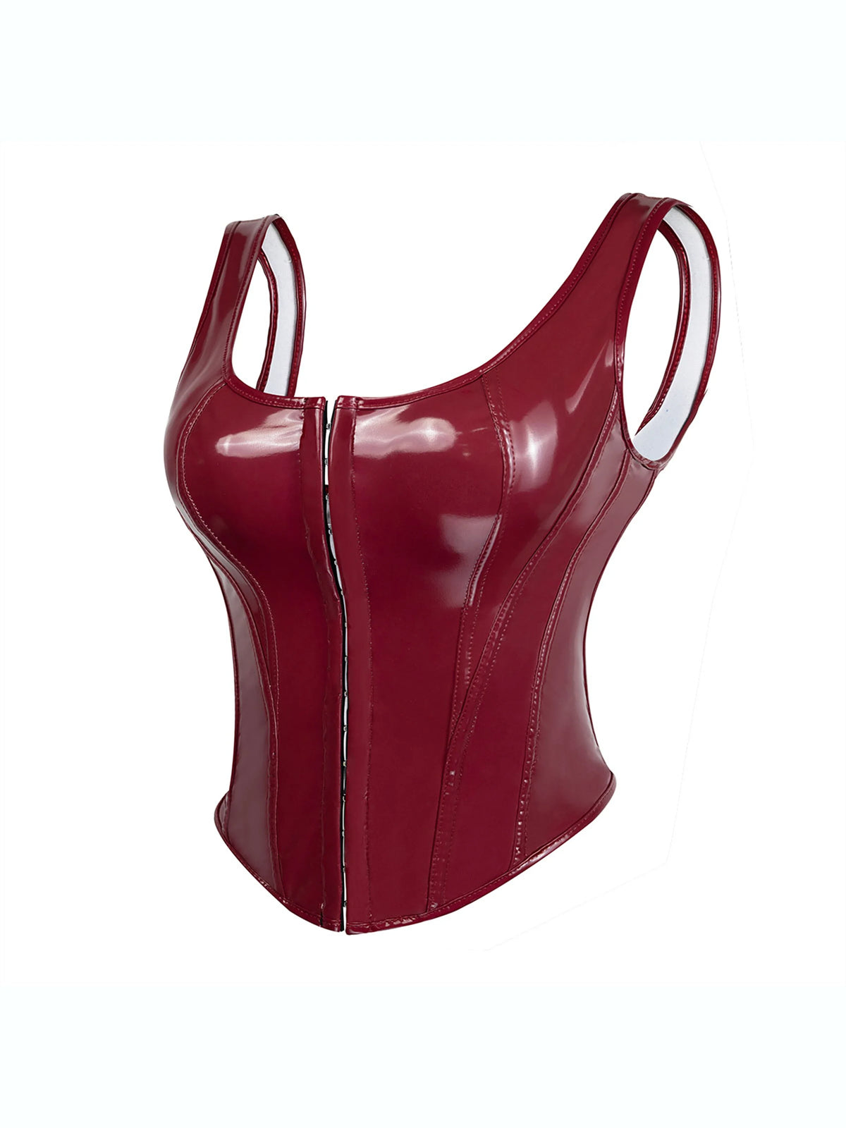 Glossy Patent Leather Bustier with Adjustable Straps &amp; Hook Front Closure, Vintage Steampunk Shapewear for Waist Training