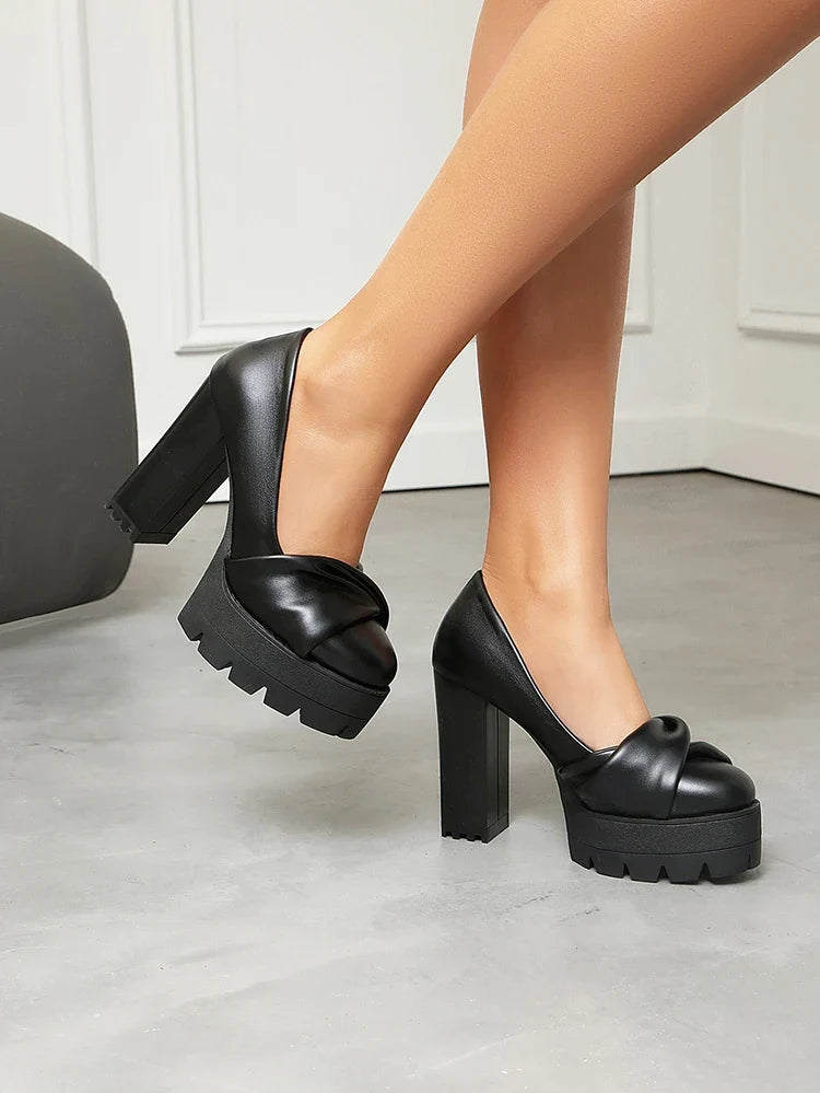 Plus Size Cross Soft PU Upper Platform Ultra Coarse Heel Shallow Breathable High Heels Office Women&
