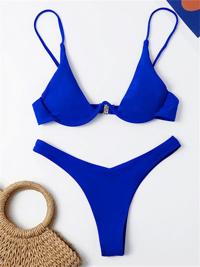 Sexy Underwire Bikini 2026 Mujer Women Solid Red Push Up Bra Thong Swimsuit Haler V Neck Bathing Suit Mini Micro Thong Swimwear