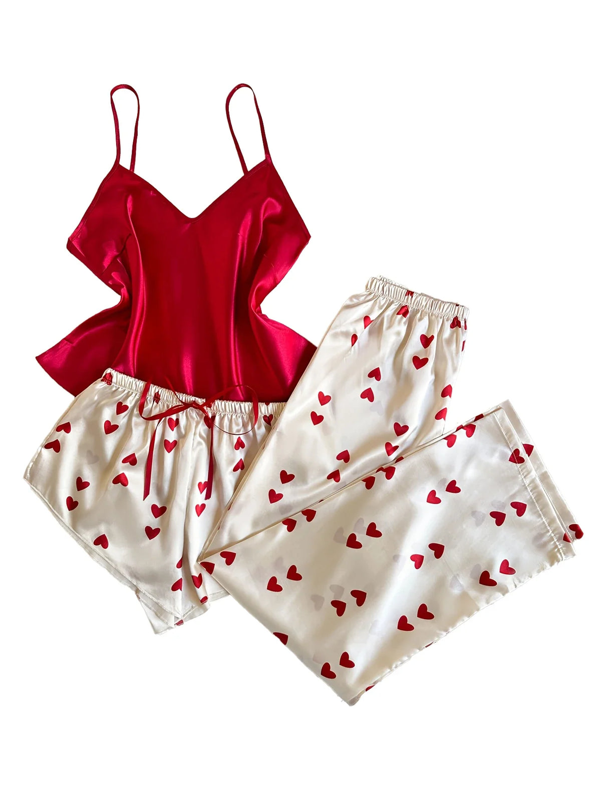 Women 3 Piece Heart Print Pajama Set Solid Color V Neck Top with Shorts Long Pants Romantic Dashion Ladies Sleepwear Loungewear