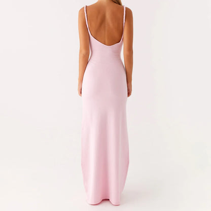 Women Sleeveless Summer Solid Color Twisted Straps Dresses V-Neck Backless Party Club Vacation Beach Long Dresses