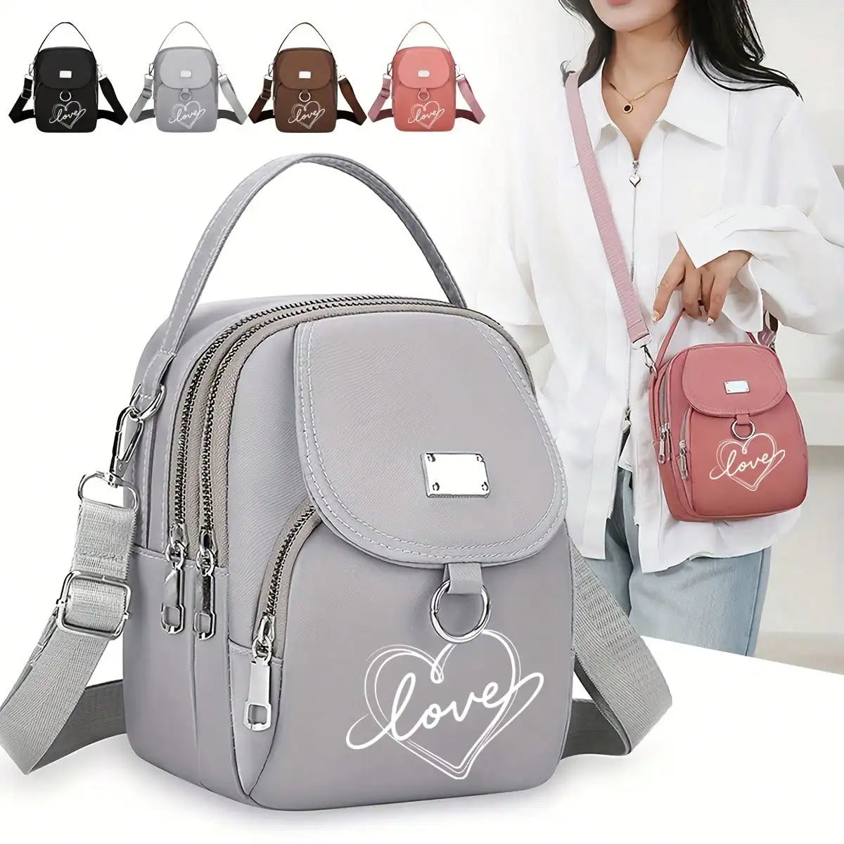 Heart Love Print Shoulder Bag - Compact Crossbody With Adjustable Strap And Ample Capacity