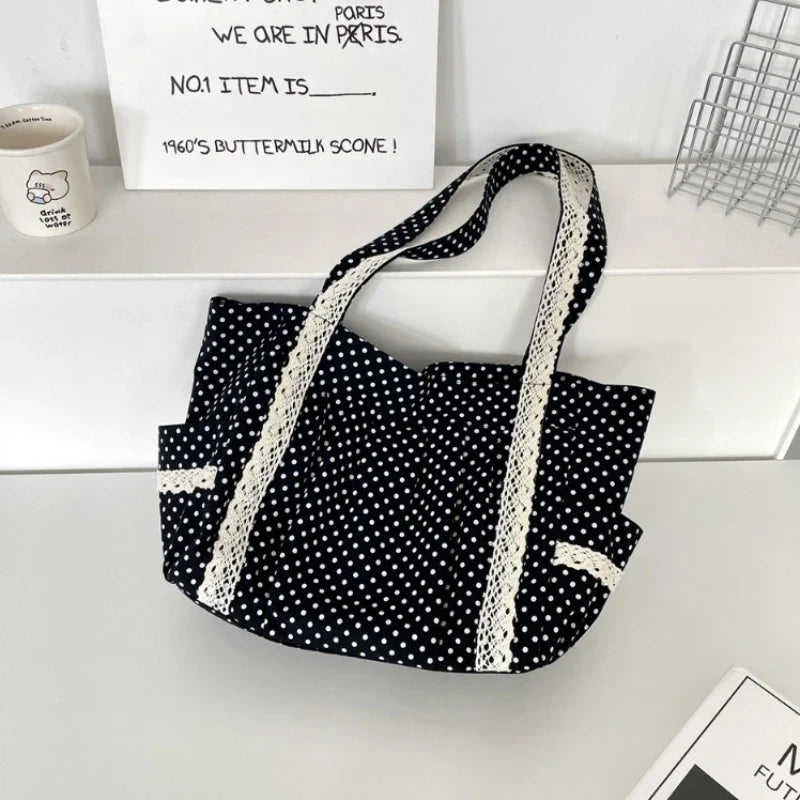 Sweet Lace Shoulder Bag Korean Style Canvas Tote With Polka Dot Pattern Large Capacity And Multi Pocket
