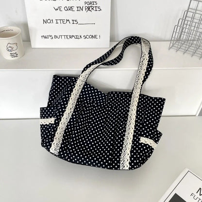 Sweet Lace Shoulder Bag Korean Style Canvas Tote With Polka Dot Pattern Large Capacity And Multi Pocket