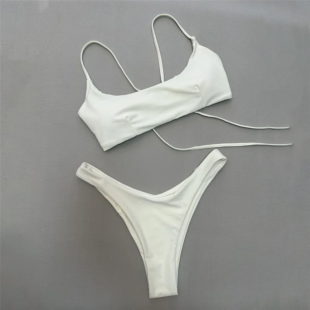 Brown Bandeau Micro Bikini Set Back String Lace-up Sexy Swimsuit Solid Swimwears Woman 2026 High Cut Bathing Suit Bikinis Femmes