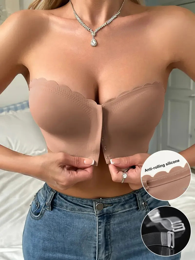 Solid Seamless Strapless Front Closure Wireless Strapless Bra, Sexy Comfy Push Up Bra, Women&