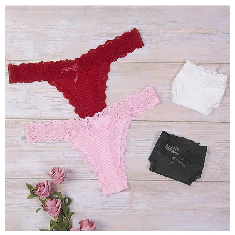 1pcs Low Waist Sexy Lace Elegant Lady Thongs Underwear Solid Breathable Sexy Lingerie Floral Female Panties Bow Women&