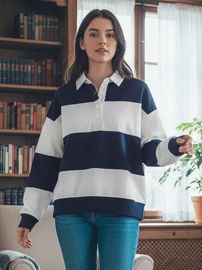 Women Long Sleeve Spring Fall Lapel Collar T-shirts Striped Contrast Color Loose Pullovers Streetwear Tops