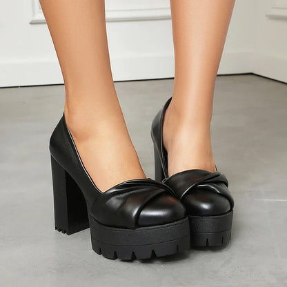 Plus Size Cross Soft PU Upper Platform Ultra Coarse Heel Shallow Breathable High Heels Office Women&