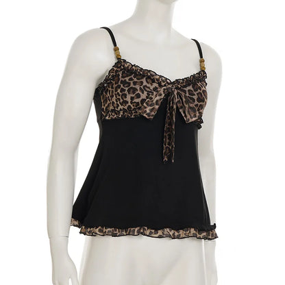 American Hotsweet Y2k Leopard Camisole Women Retro Streetwear E-girl 90s Dark Gothic Sexy Patchwork Lace-up Crop Tank Top Femme