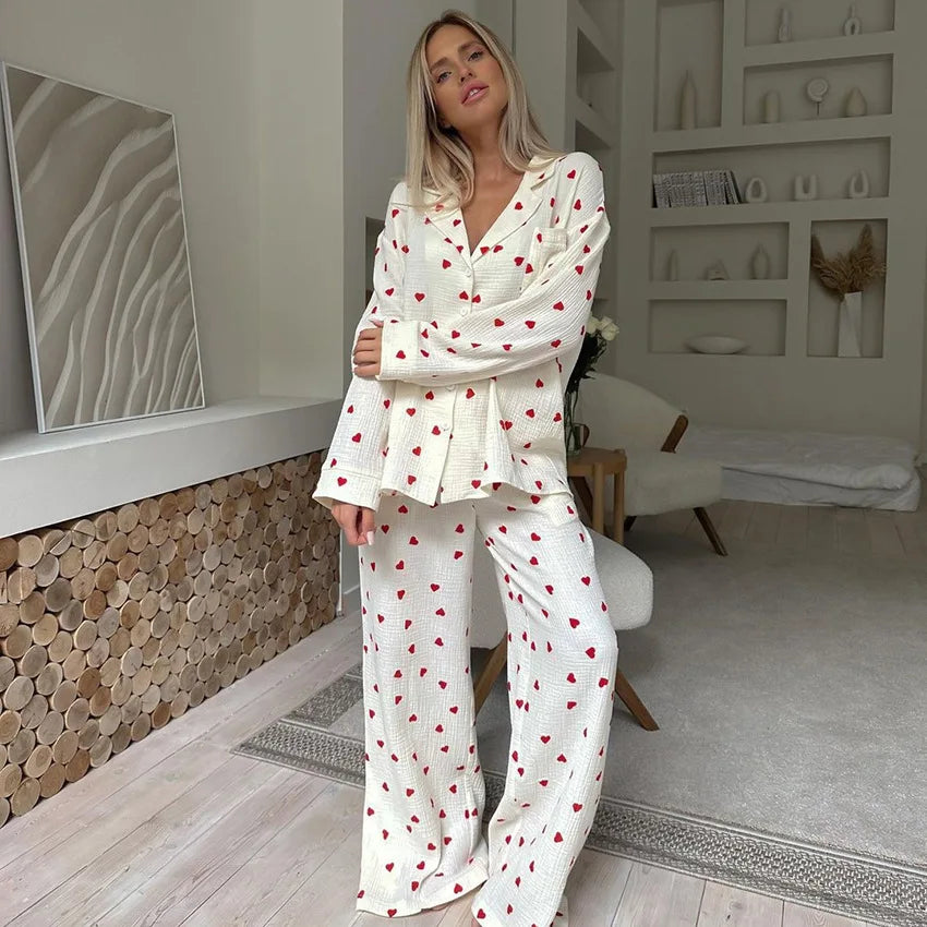 Summer New Love Heart Print Pyjama 100% Cotton Long Sleeve Set 2Pcs Outfit Lapel Sleepwear Button Down Women&