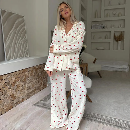 Summer New Love Heart Print Pyjama 100% Cotton Long Sleeve Set 2Pcs Outfit Lapel Sleepwear Button Down Women&