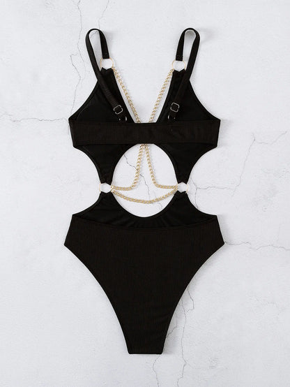 Cut-out Chain Linked One Piece Swimsuit Monokini Swimwear Women 2025 Bathers Padded Beachwear Bathing Swimming Suit Summer